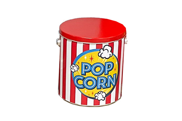A cylindrical popcorn tin with a red lid, red and white vertical stripes, and a yellow circular 'POP CORN' label on the front, shown on a plain white background.