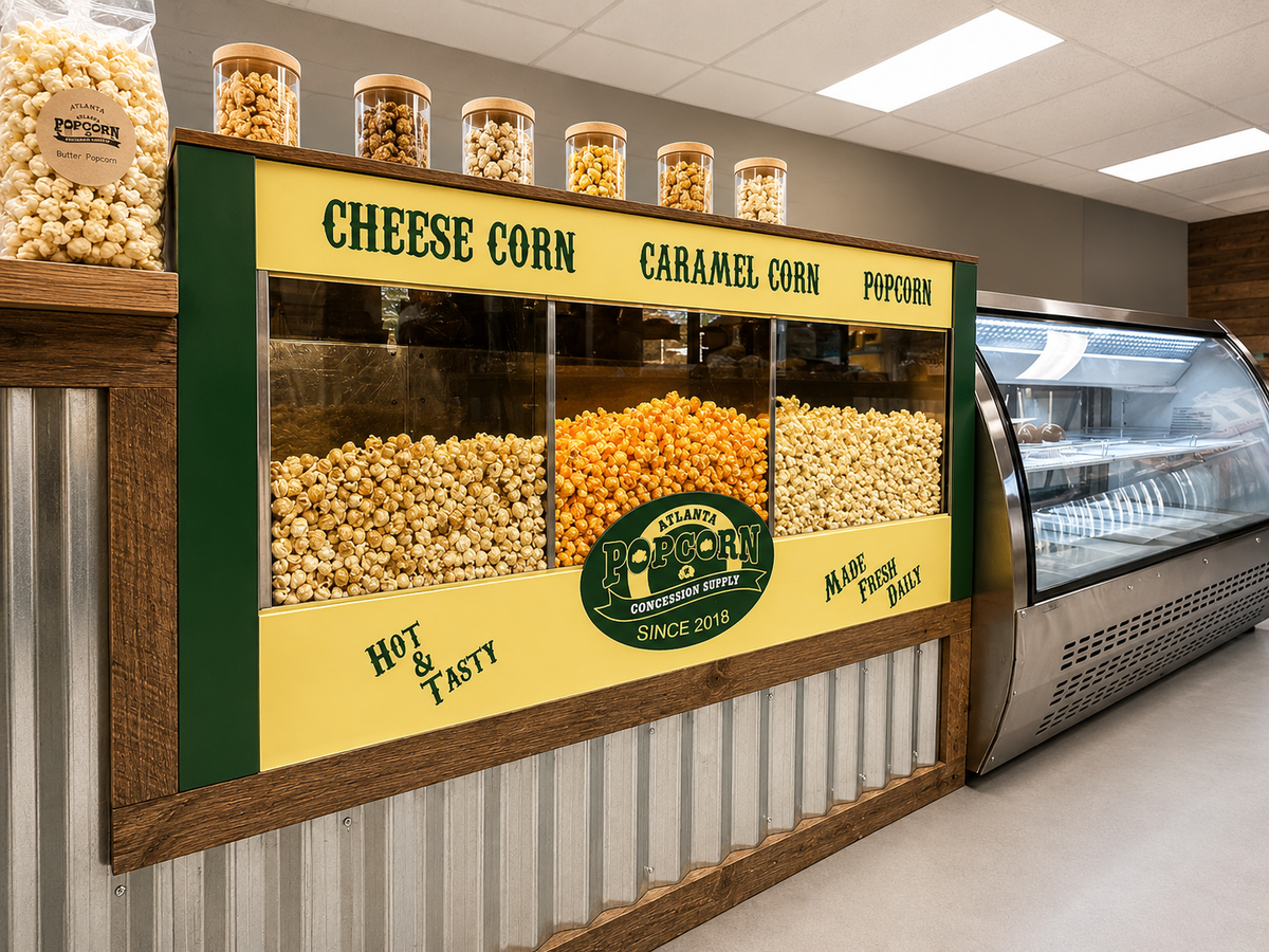 A retail popcorn display stand with three clear bins labeled Cheese Corn, Caramel Corn, and Popcorn, set against a yellow sign with green side panels. Large bags of popcorn sit on top, and a stainless steel refrigerated display case is visible to the right in a store interior.