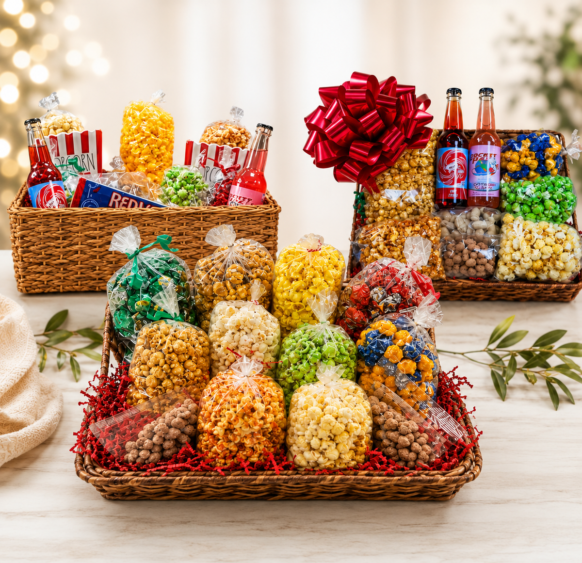 A gourmet popcorn and snack gift basket arrangement displayed on a light wood surface. The front basket contains multiple clear bags of assorted popcorns and peanuts in red, yellow, green, orange, and blue flavors, arranged in a wicker basket with red shredded paper.