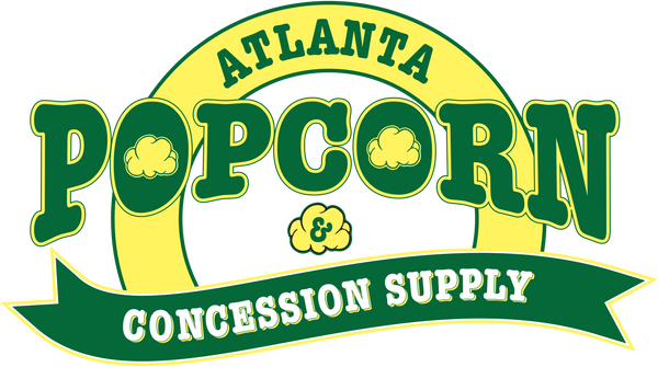 A graphic logo for 'Atlanta Popcorn & Concession Supply' featuring bold green and yellow text with popcorn cloud details on a transparent background.