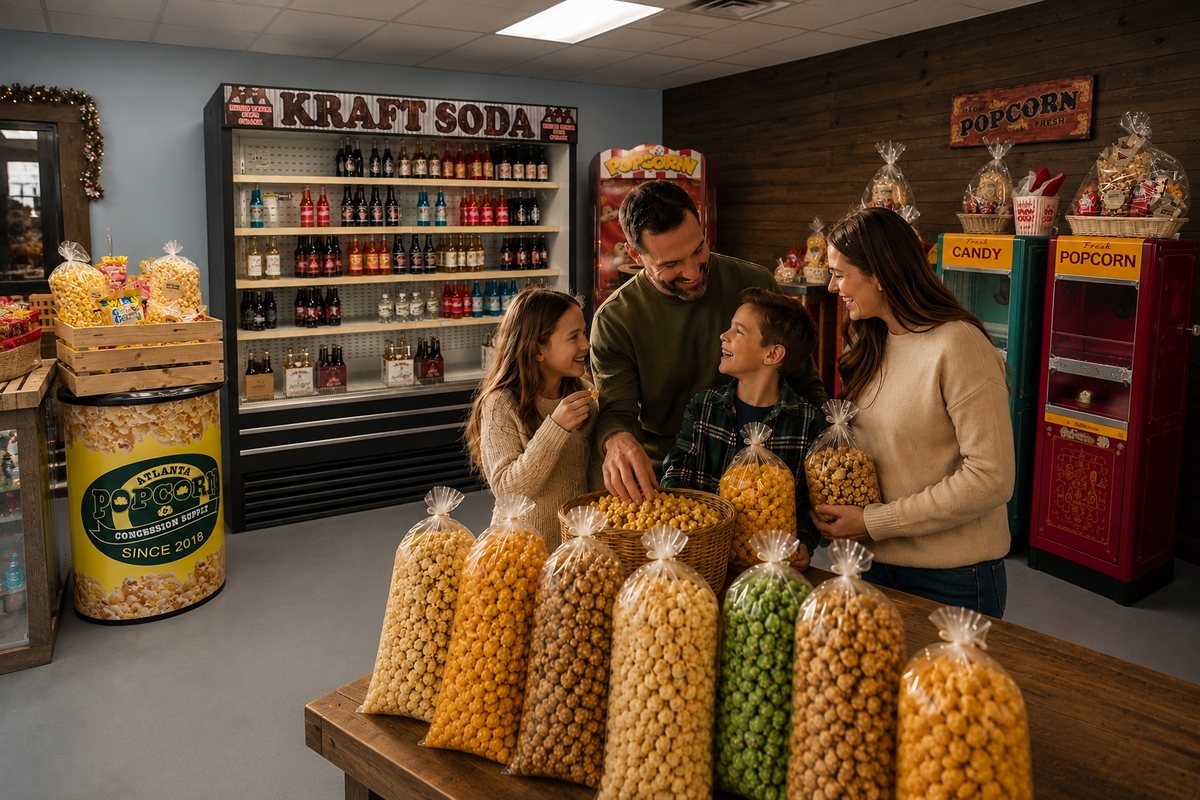 A family of four stands behind a counter in a retro-style snack shop, surrounded by large clear bags filled with popcorn, peanuts, and green olives. The scene includes vintage vending machines, a soda refrigerator, and wall signs reading 'KRAFT SODA' and 'POPcorn'.