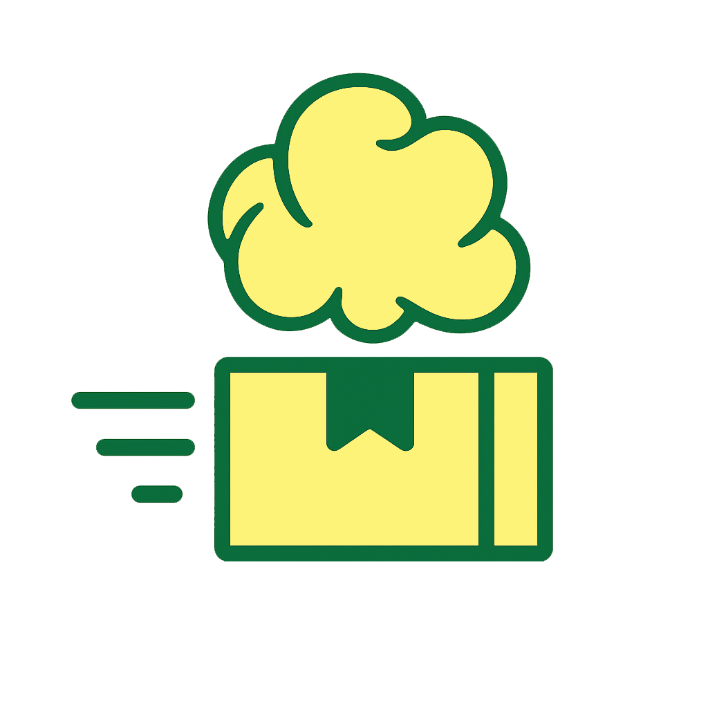 A simple vector-style icon of a yellow package and popcorn shape with green outlines and motion lines on a transparent background.